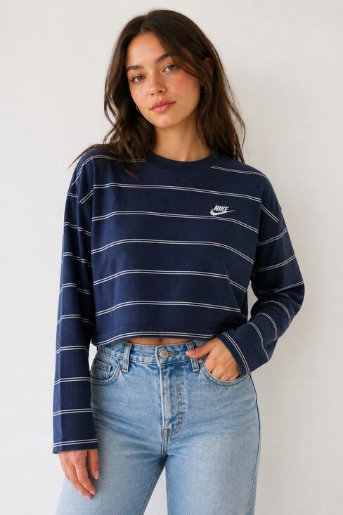 Nike Tops - Nike Navy and White Striped Crop Long Sleeve Shirt S